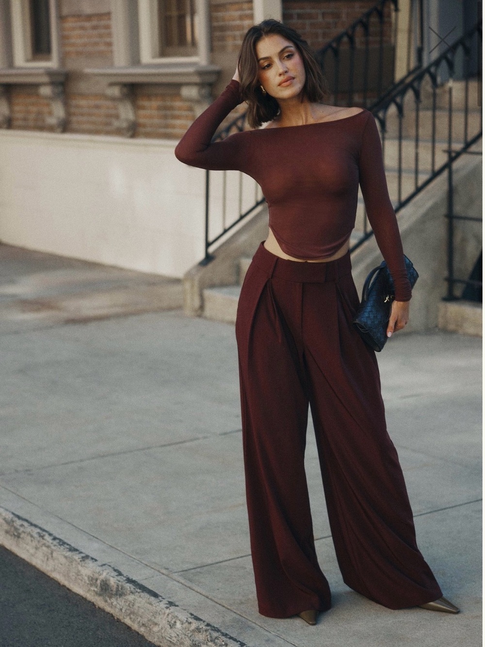 Meshki Jacqueline Pleated Wide Leg Pants in Mahogany